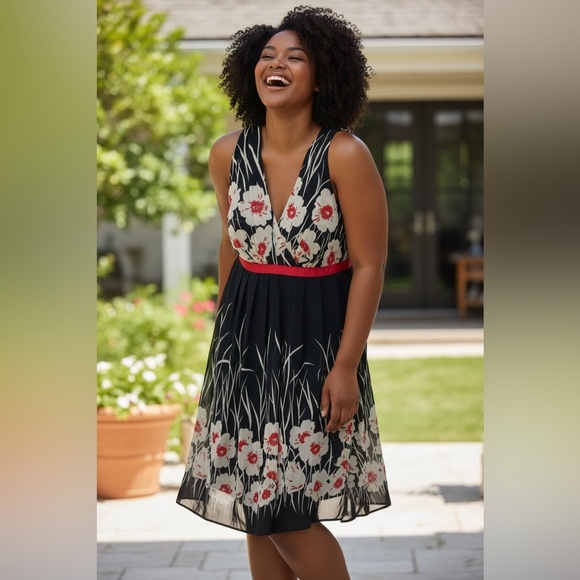 Dress Barn Dresses & Skirts - 💙DRESS BARN, FLORAL BLACK/ RED SLEEVELESS, PLEADED DRESS